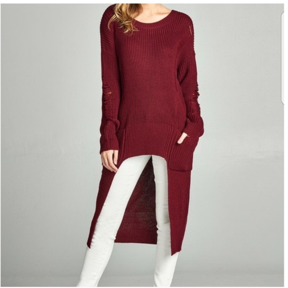 NWT BURGUNDY DISTRESSED ASYMMETRICAL SWEATER CARDIGAN COMFY & COZY TUNIC! - Picture 4 of 4